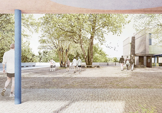Aussenbereich: Visualisierung des geplanten Schulhauses Brühl mit Pausenplatz und Erweiterungsbau.Foto: zvg / visualisierung
