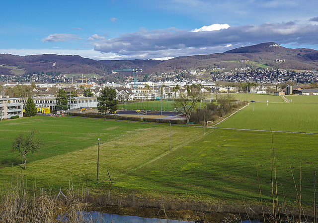 Hier plant der Kanton Baselland die Teilumfahrung Reinach: Von der Birsigtalstrasse herkommend, soll die neue Strasse um die Sportzone Fiechten (Bildmitte) führen und zwischen dem südlichen Siedlungsgebiet und Neuhof (Mittelgrund rechts) in die Hau