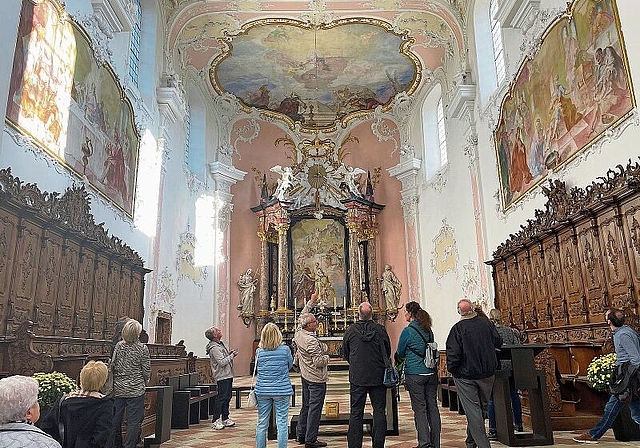 Sachlich und humorvoll: Peter Koller (Mitte, mit erhobener Hand) erklärt die Deckengemälde des Doms. Foto: Axel Mannigel