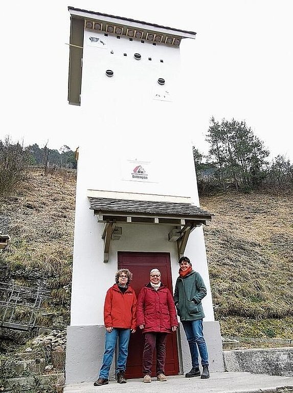 Der ausgediente Trafoturm in Dittingen bietet nun Platz für allerlei Tiere: (v.l.) Cora Kuntze und Franziska Weber-Isler vom Natur- und Vogelschutzverein Blauen, Dittingen, Nenzlingen und Anna Boila von der Stiftung Pro Artenvielfalt. Foto: Melanie 