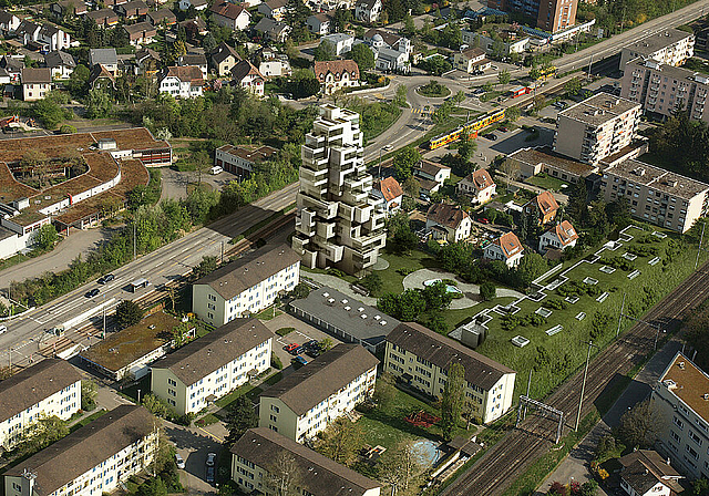 Das zukünftige neue architektonische Wahrzeichen Münchensteins in einer Visualisierung aus der Vogelperspektive. Foto: ZVG