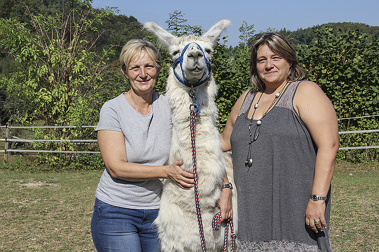 Haben ein grosses Wochenende vor sich: Daniela Tschaggelar mit Lama und Organisatorin Isabelle Wipf.  Foto: Tobias Gfeller