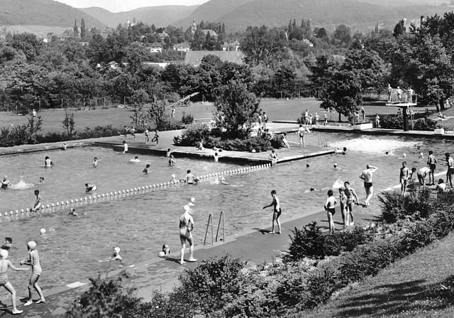 Erste Badi: Das Reinacher Gartenbad wurde 1957 eröffnet, damals noch ohne Olympiabecken und Rutschbahn.  Foto: Archiv Ernst Feigenwinter (Katrin Wenger), Reinach