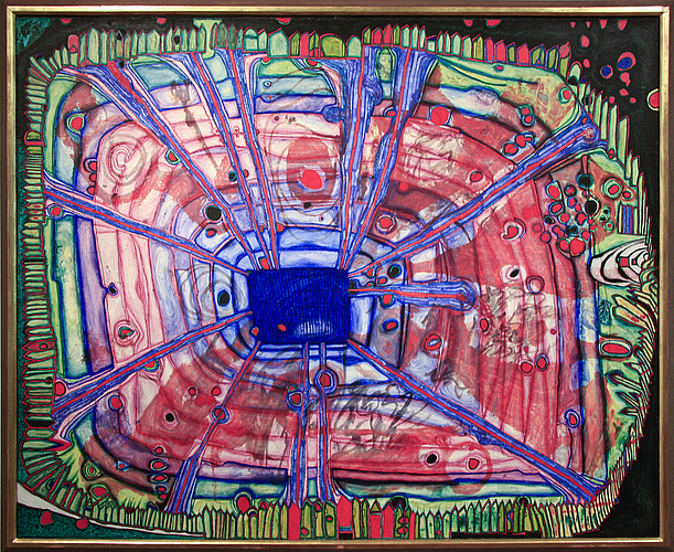 Friedensreich Hundertwasser: «Blutregen tropft in japanisches Wasser, das in einem österreichischen Garten liegt». Mischtechnik. 1961. 131 x 163 cm.  Foto: edmondo SAvoldelli