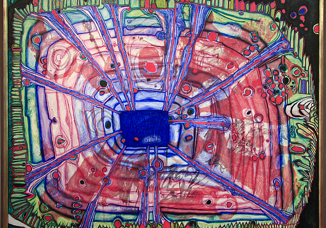 Friedensreich Hundertwasser: «Blutregen tropft in japanisches Wasser, das in einem österreichischen Garten liegt». Mischtechnik. 1961. 131 x 163 cm.  Foto: edmondo SAvoldelli