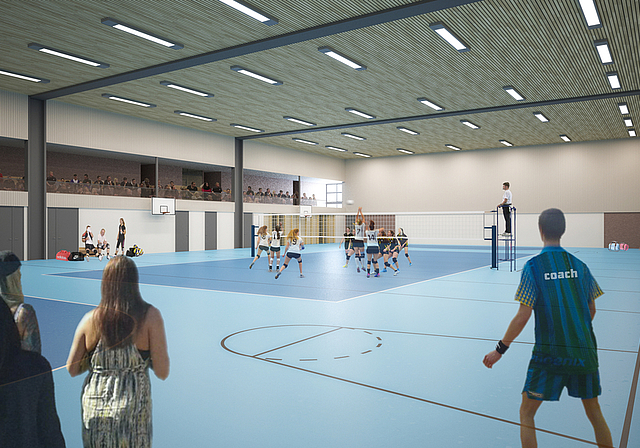 Blick in die Halle: So wird im Löhrenacker künftig Volleyball gespielt.  Visualisierung: ZVG