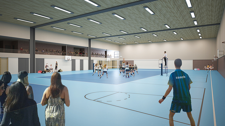 Blick in die Halle: So wird im Löhrenacker künftig Volleyball gespielt.  Visualisierung: ZVG