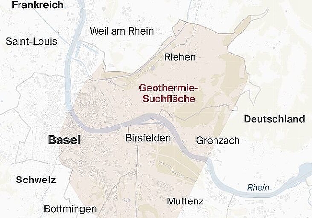 Bis nach Deutschland: Geothermie-Suchfläche im Raum Basel. Foto: zvg