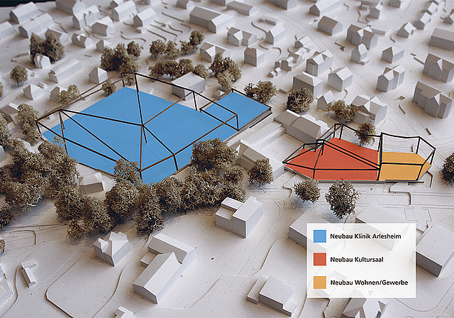 Quartierplan Stollenrain: Auf der Grundlage der Testplanung des Architekturbüros UC’NA wird ein Architekturwettbewerb für den Saalneubau ausgeschrieben.  Modellfoto bearbeitet durch «Wochenblatt»