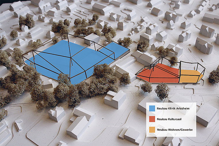 Quartierplan Stollenrain: Auf der Grundlage der Testplanung des Architekturbüros UC’NA wird ein Architekturwettbewerb für den Saalneubau ausgeschrieben.  Modellfoto bearbeitet durch «Wochenblatt»