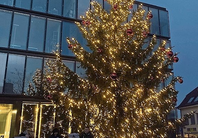 Weihnachtsglanz: Der mächtige Weihnachtsbaum ziert den Gemeindehausplatz. Foto: Caspar Reimer