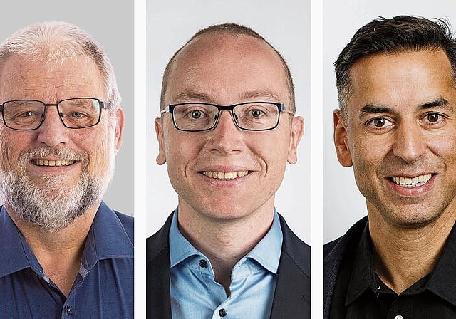 Das sind die Neuen in Liestal: (v. l.) Christian Helfenstein (Die Mitte, Aesch), Stefan Meyer (SVP, Münchenstein) und Nadim Ismail (SP, Pfeffingen). Fotos: zVg