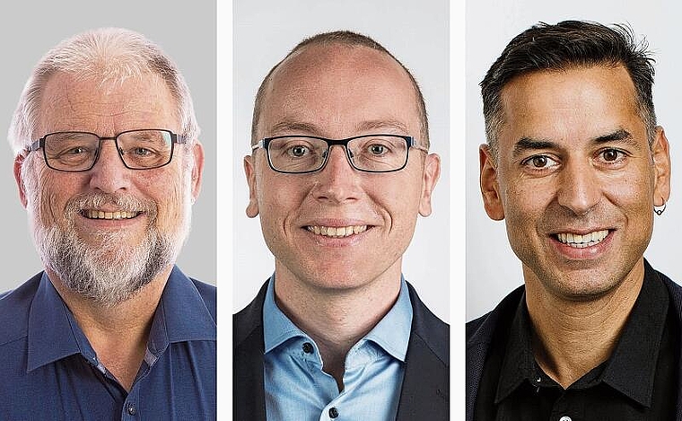 Das sind die Neuen in Liestal: (v. l.) Christian Helfenstein (Die Mitte, Aesch), Stefan Meyer (SVP, Münchenstein) und Nadim Ismail (SP, Pfeffingen). Fotos: zVg