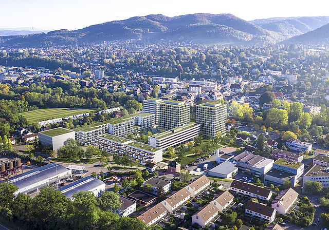 Futuristisch: Acht neue Gebäude sieht der Quartierplan Stöcklin-Areal vor, aber auch ein Alters- und Pflegeheim soll in die Überbauung einziehen.  Visualisierung: ZVG