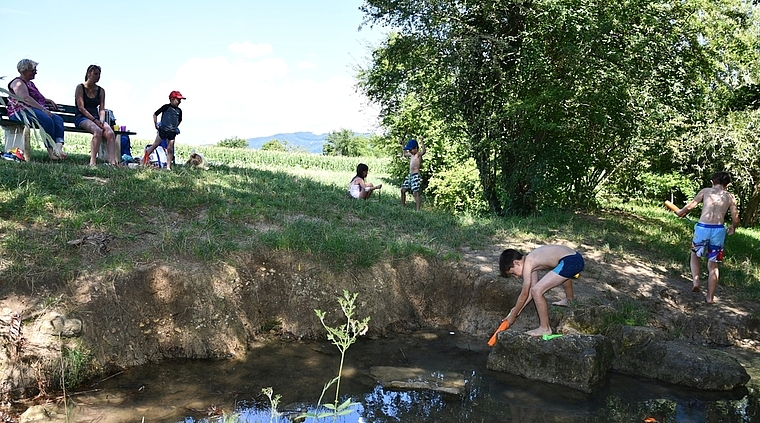 Wasserspiele am Klusbächlein: Die Tageslager der Kinderbetreuung Aesch KiBeA sind ein Bedürfnis.  Foto: Bea Asper