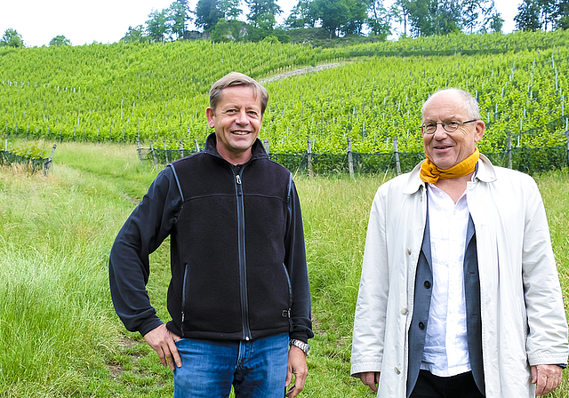 Zeigen sich dennoch nicht niedergeschlagen: Rebchef Antoine Kaufmann (l.) und Dieter von Blarer, Präsident der Weinbaugenossenschaft Aesch, vor der harmonischen Rebenlandschaft im Tschäpperli.  Foto: Thomas Brunnschweiler