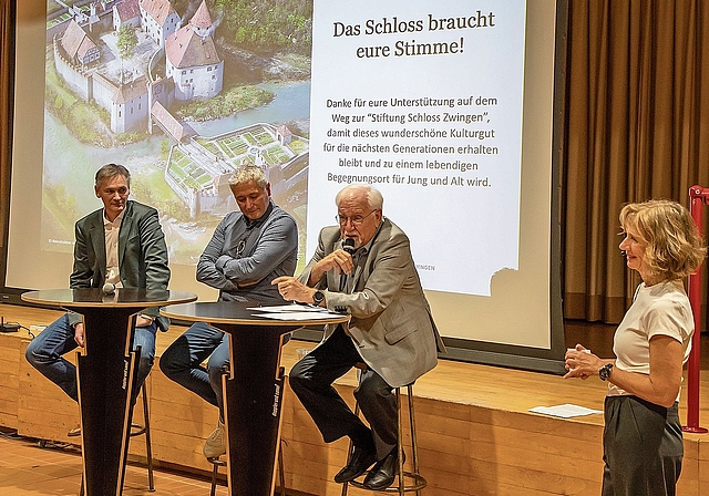 Das Podium: (v. l.) Roman Baumann, Fabio Formenton, Benno Jermann und Moderatorin Gaby Walther. Foto: Martin Staub