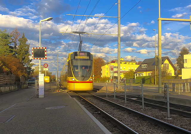 Gefährliche Tramübergänge: Ein tödlicher Unfall an der Haltestelle Lochacker ist Auslöser, dass sich Politik und BLT nochmals verstärkt Gedanken über Sicherheitsmassnahmen entlang des 11er-Trams machen.  Foto: Caspar Reimer