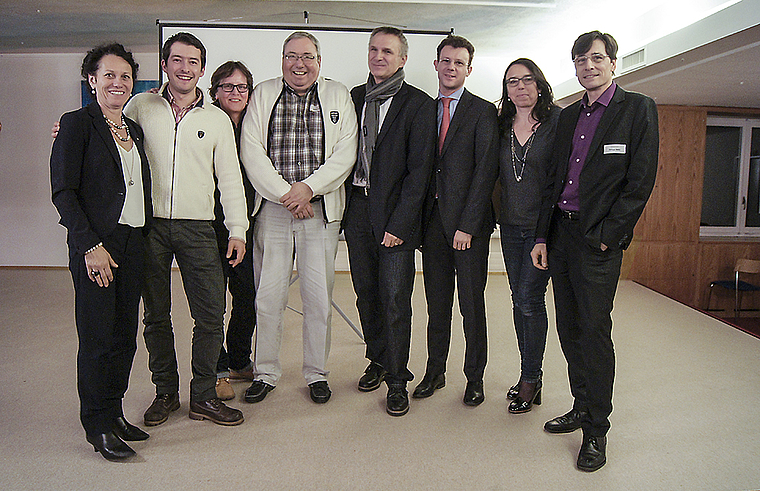 Der Vorstand in corpore: v. l. Monika Strobel, Markus Sommerer, Andrea Hänggi, Markus Gschwend (tritt ab), Bruno Steiger (Präsident), Philipp Hägeli (ist neu, ersetzt Gschwend), Claudia Meier und Philippe Wälle.  Foto: Oliver Sterchi