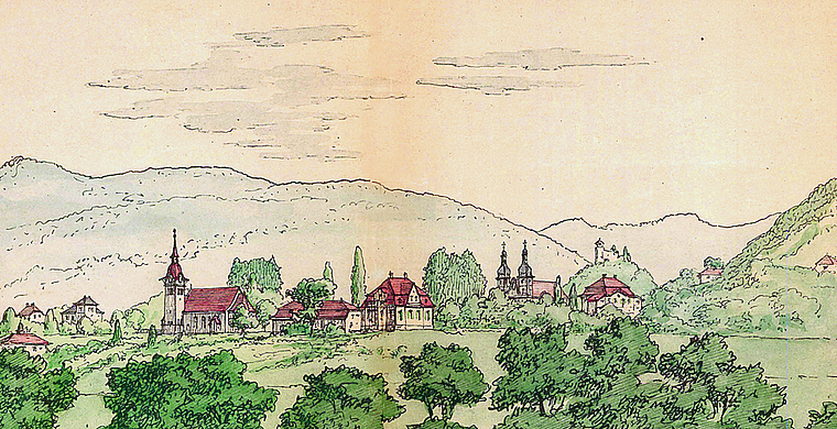 Kirche am Dorfrand: Kolorierte Federzeichnung von La Roche und Stähelin, 1911.  ZVG/Kunstführer, S. 9