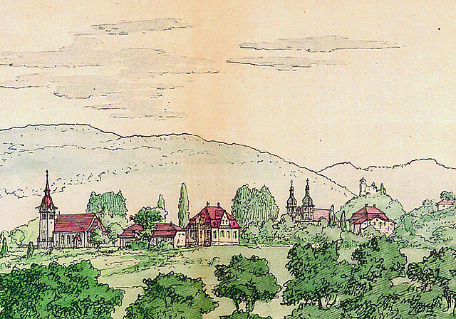 Kirche am Dorfrand: Kolorierte Federzeichnung von La Roche und Stähelin, 1911.  ZVG/Kunstführer, S. 9