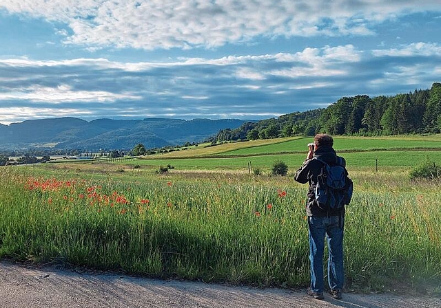 Massnahmen für mehr Biodiversität: Bei der Buntbrache beim Schürfeld entdeckt Fabio Di Pietro verschiedene Vögel, die zu den Bodenbrütern gehören. Foto: Jeannette Weingartner
