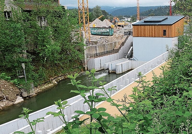 Fischtreppe mit Kraftwerk: Der Kanal mit der Fischtreppe beginnt oben rechts und macht links eine Spitzkehre. Er endet in der Mitte des Bildes, wo das Wasser schäumt, mit einer letzten Stufe.Foto: Gini Minonzio