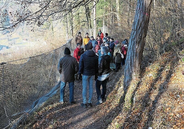 Schutzmassnahme: Förster Gerhard Walser erklärt auf dem schmalen Dorfhollenweglein den Umbau des Schutzwalds. Rechts im Bild ein zum Fällen markierter Baum. Foto: Niklaus Starck