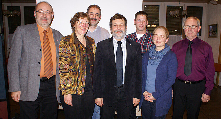 Kandidaten für Solothurner Kantonsrat: (v. l.) Christian Stark, Susanne Koch Hauser, Bruno Maggi, Regierungsratskandidat Roland Heim, Sven Schmid, Susanne Ganz und Bruno Vögtli.  Foto: Jürg Jeanloz