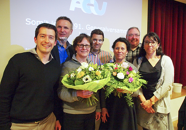 Der neue Vorstand (v. l.): Markus Sommerer (neu), Bruno Steiger, Andrea Hänggi (Präsidentin), Christoph Jenzer, Monika Strobel, Markus Gschwend und Claudia Meier (neu) nach der Generalversammlung in der Obesunne.