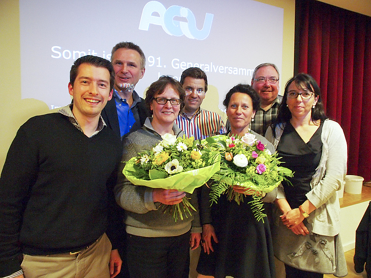 Der neue Vorstand (v. l.): Markus Sommerer (neu), Bruno Steiger, Andrea Hänggi (Präsidentin), Christoph Jenzer, Monika Strobel, Markus Gschwend und Claudia Meier (neu) nach der Generalversammlung in der Obesunne.