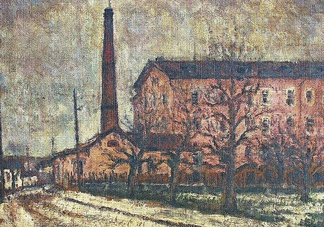 Lager für Flüchtlinge: Die «Rote Fabrik» in Büsserach, Ölgemälde, 1942, gemalt von Arno Stern. Foto: Niklaus Starck