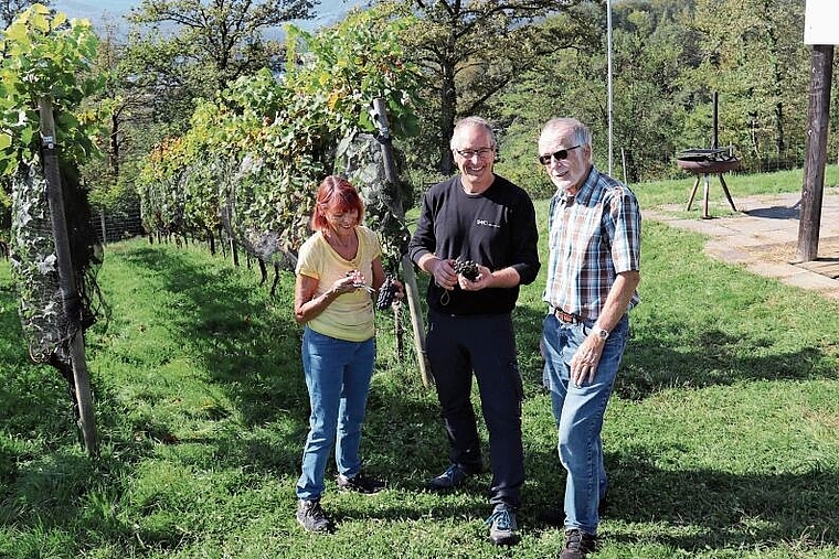 Schönes Plätzchen: Dorothée Jermann, Agostino Spano und Franz Jermann im Rebberg zum Chattel. Foto: Gaby Walther