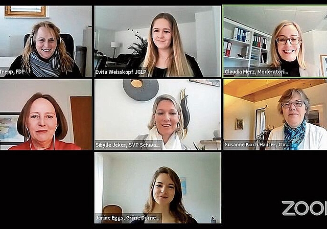 Podiumsdiskussion online: (oben v.l.) Nicole Ditzler, Evita Weisskopf, Moderatorin Claudia Merz, (Mitte v.l.) Karin Kälin, Sibylle Jeker, Susanne Koch und unten Janine Eggs. Foto: Youtube