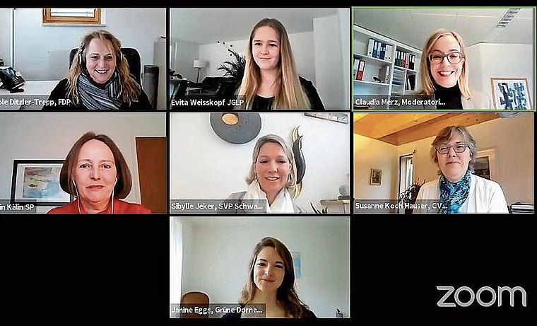 Podiumsdiskussion online: (oben v.l.) Nicole Ditzler, Evita Weisskopf, Moderatorin Claudia Merz, (Mitte v.l.) Karin Kälin, Sibylle Jeker, Susanne Koch und unten Janine Eggs. Foto: Youtube