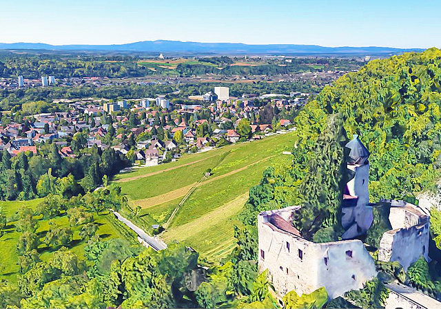 Unscheinbar im Hintergrund: Eine Visualisierung zeigt, wie das weisse Hochhaus, vom Schloss Birseck aus gesehen, wirken würde.  Visualisierung: ZVG