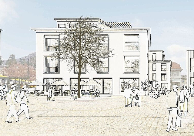 Piazza-Gefühl: Der Postplatz soll aufgewertet werden, eine Gasse (rechts) soll die Verbindung zwischen Postplatz und Ermitagestrasse zudem attraktiver machen. Visualisierungen: Flubacher Nyfeler Partner Architekten
