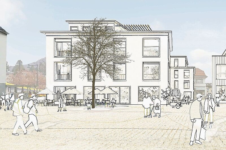 Piazza-Gefühl: Der Postplatz soll aufgewertet werden, eine Gasse (rechts) soll die Verbindung zwischen Postplatz und Ermitagestrasse zudem attraktiver machen. Visualisierungen: Flubacher Nyfeler Partner Architekten
