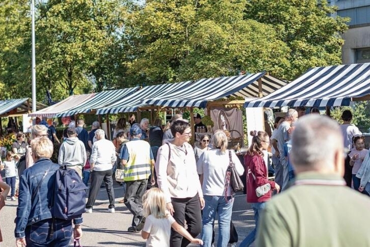 Marktstände: Lokale Produkte und Verpflegungsstände auf dem Vorplatz.