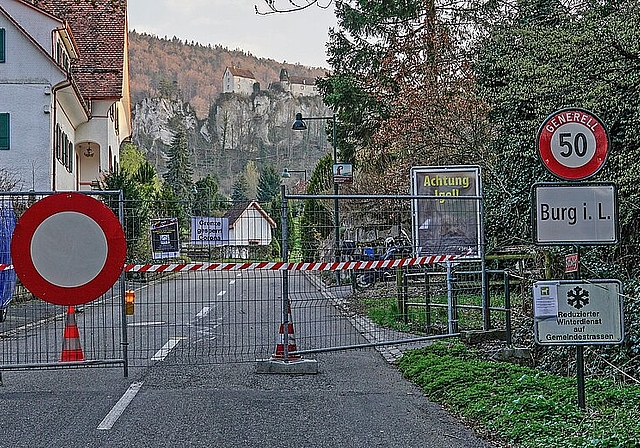 <em>Gesperrt, fermé: </em>Die Barrikaden der Grenzwache haben – abgesehen von der eindeutigen Vorschrift – auch eine eigentümliche und ungewohnte Ästhetik. Das Verbotsschild wirkt wie eine stilisierte Sonnenkorona, von der das Virus seinen Nam