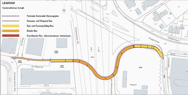 Ein «Velo-S»: Wegen der Höhendifferenz zwischen Reinach (links in der Abbildung) und Dornach soll die Brücke kurvenförmig über die Autobahn A18 verlaufen. Abbildung: zVg