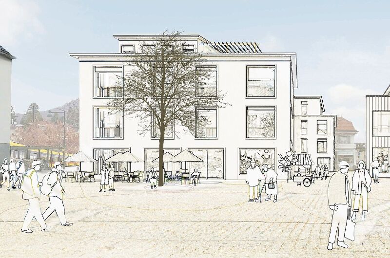 Piazza-Gefühl: Der Postplatz soll aufgewertet werden, eine Gasse (rechts) soll die Verbindung zwischen Postplatz und Ermitagestrasse zudem attraktiver machen. Visualisierungen: Flubacher Nyfeler Partner Architekten
